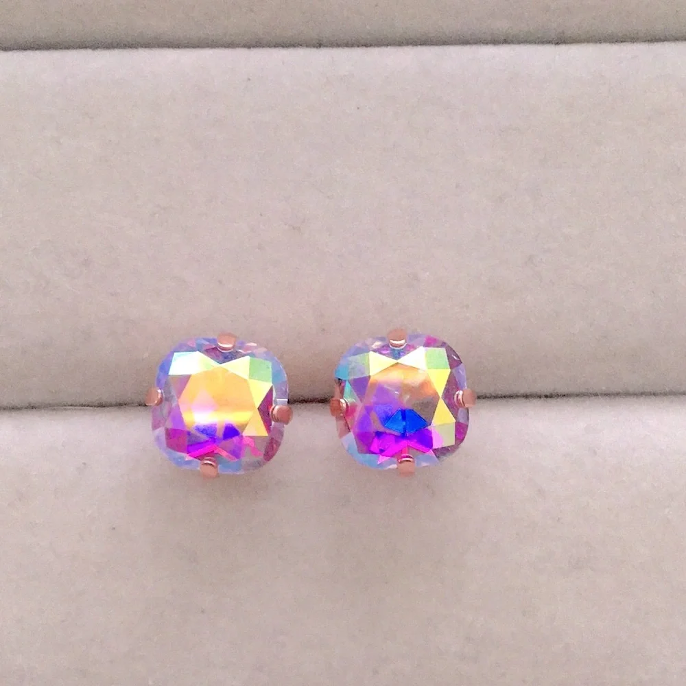 Violet Aurora Borealis + Rose Gold Cushion Cut Crystal Earrings
